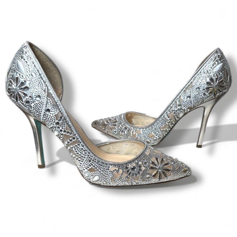 Betsey Johnson Embellished SB-Chic Silver Rhinestone D'Orsay Pumps Heels Size 10 - Picture 4 of 15